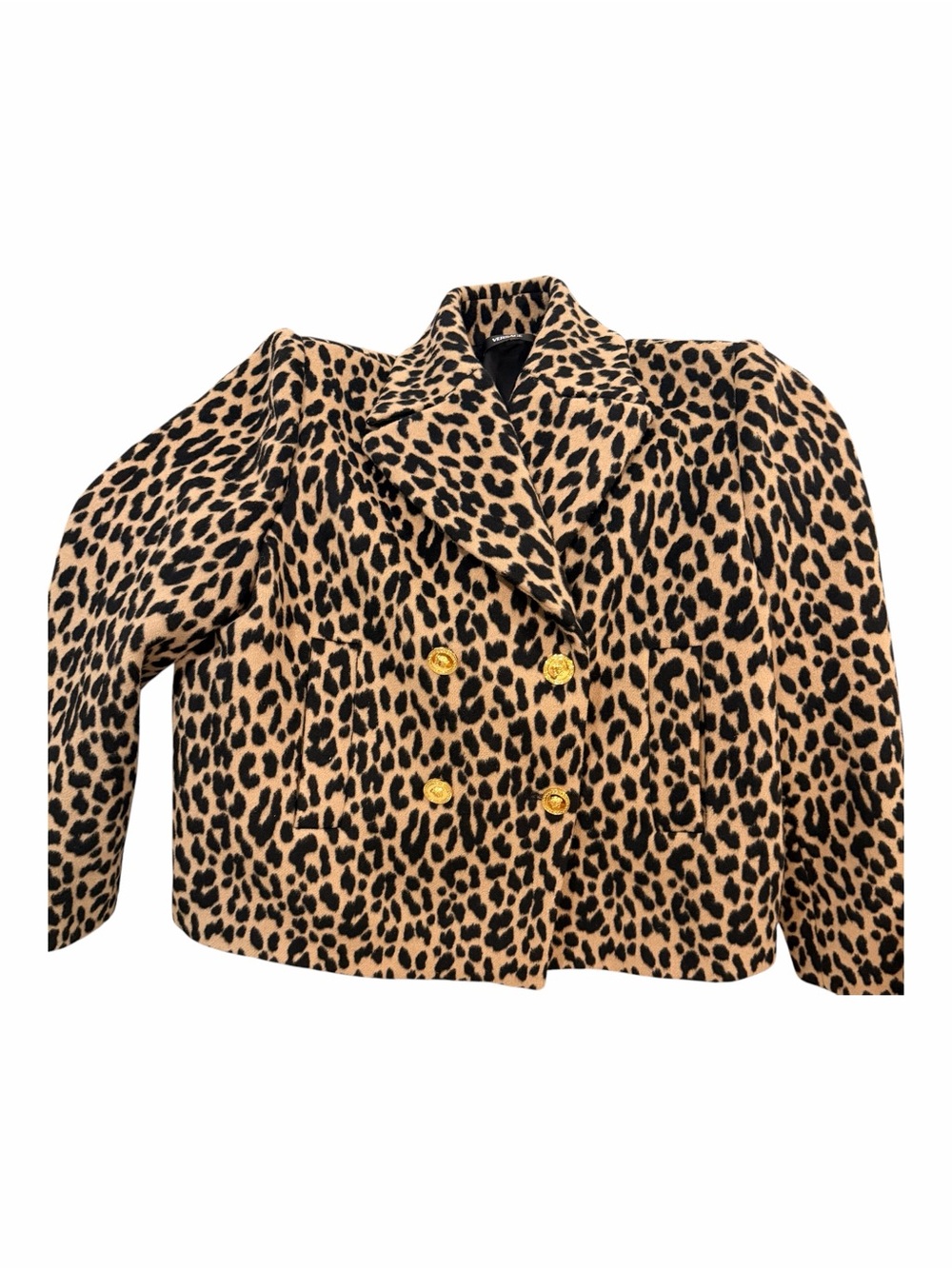 Versace Leopard Print Double-Breasted Jacket - Tan & Black with Gold Buttons